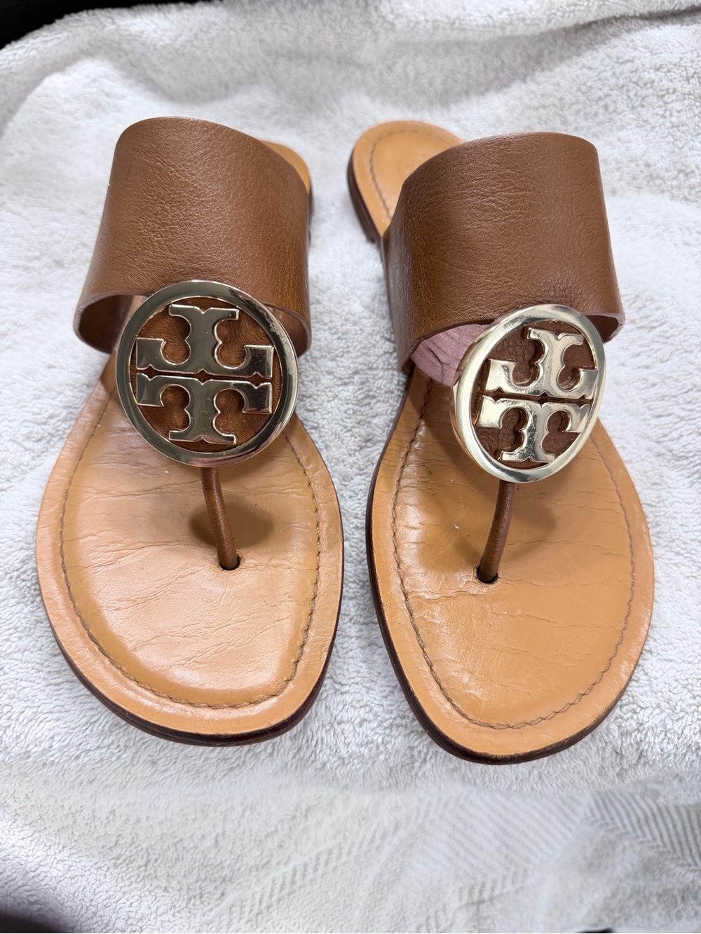 Tory Burch Benton Band Tan & Brown Calf Leather Toe-Post Sandals SZ9.5